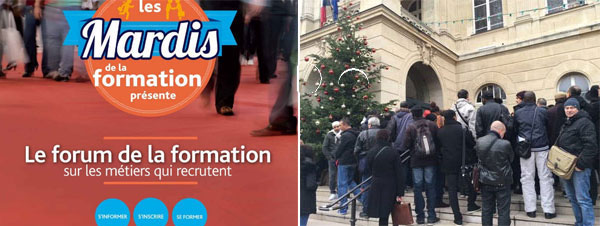 Devant la mairie parisienne du 14ème, le 13 décembre, à l'invitation de Pôle Emploi.