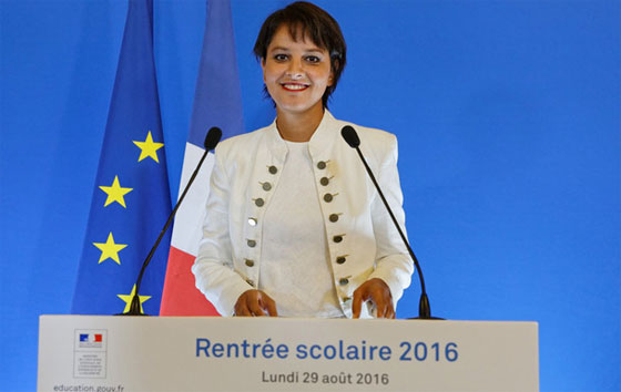 La ministre de l'Education Najat Vallaud-Belkacem, présente les nouveautés de la rentrée, le lundi 29 août 2016.