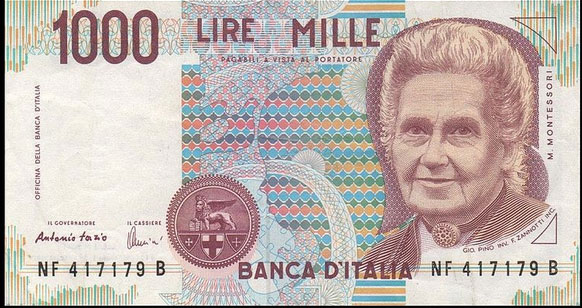 Le visage de Maria Montessori a figuré sur un billet de la lire italienne. Le visage de Maria Montessori a figuré sur un billet de la lire italienne.
