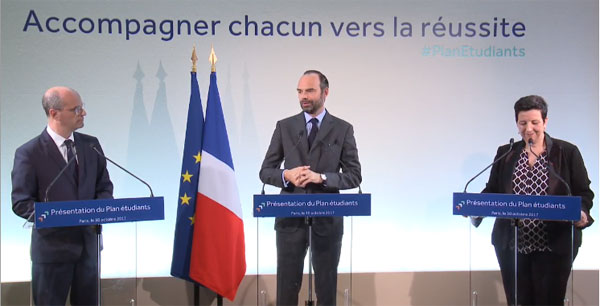 Le Premier ministre Edouard Philippe entouré du ministre de l'Education et de la ministre de l'Enseignement supérieur, le 30 octobre 2017. Le Premier ministre Edouard Philippe entouré du ministre de l'Education et de la ministre de l'Enseignement supérieur, le 30 octobre 2017.