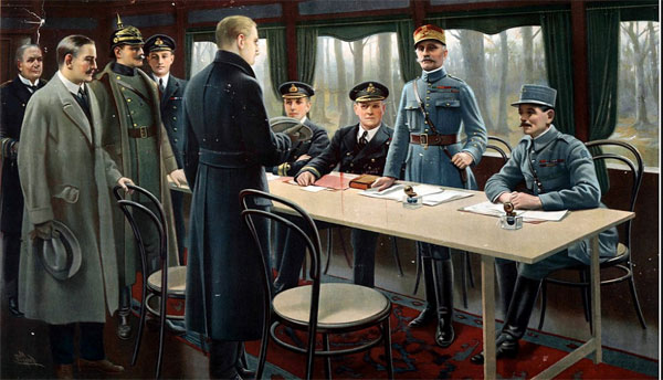 Tableau représentant la signature de l'armistice dans le wagon de Rethondes en 1918. Derrière la table,les Français (à dr.) dont le maréchal Foch, debout, puis les officiers anglais. Devant, en gris, les représentants allemands.© wikimédia