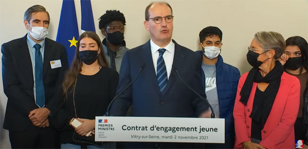 Jean Castex présente le Contrat d'engagement jeune, le 2 novembre à la mission locale de Vitry-sur-Seine. © capture chaine Youtube Gouvernement Jean Castex présente le Contrat d'engagement jeune, le 2 novembre à la mission locale de Vitry-sur-Seine. © capture chaine Youtube Gouvernement