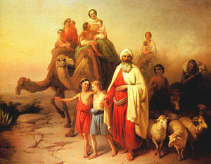 Abraham par un peintre hongrois (1850). Le patriarche est souvent représenté comme un sage âgé cheminant avec tous les siens. Abraham par un peintre hongrois (1850). Le patriarche est souvent représenté comme un sage âgé cheminant avec tous les siens.
