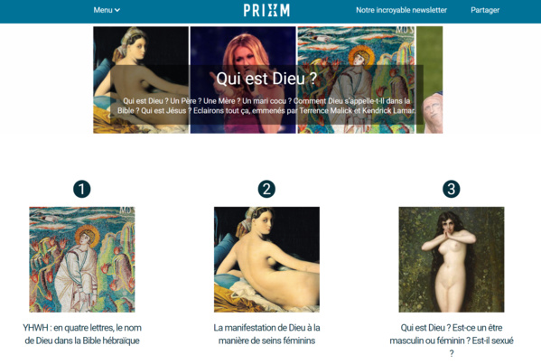 Aperçu de la saga "Qui est Dieu ?" sur PRIXM (capture d'écran). Une façon de présenter le contenu de la Bible qui interpelle le lecteur. Aperçu de la saga "Qui est Dieu ?" sur PRIXM (capture d'écran). Une façon de présenter le contenu de la Bible qui interpelle le lecteur.