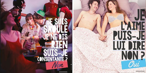 Affiches de la campagne sur le consentement de l'Espace santé étudiants de Bordeaux en 2016.