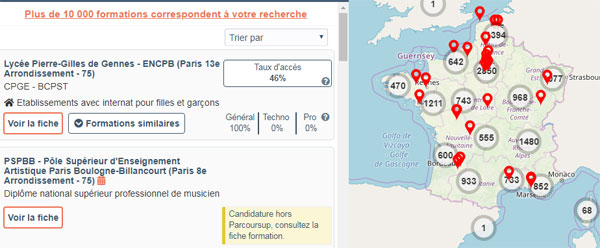 Capture d'écran de recherche de formation sur Parcoursup