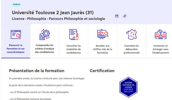 Ci-dessus la capture d'écran des 6 rubriques présentant chaque formation. © parcoursup.fr